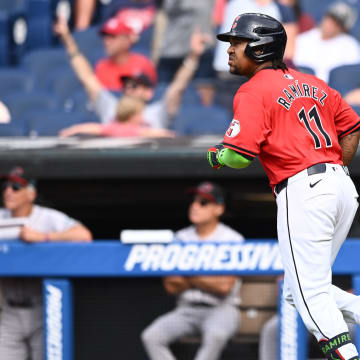 Aug 7, 2024; Cleveland, Ohio, USA; Cleveland Guardians third baseman Jose Ramirez (11) rounds the bases after hitting a home run during the sixth inning against the Arizona Diamondbacks at Progressive Field. Mandatory Credit: Ken Blaze-USA TODAY Sports