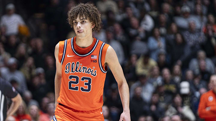 Jan 24, 2026; West Lafayette, Indiana, USA; Illinois Fighting Illini guard Keaton Wagler (23) looks at his teammate during the second half against the Purdue Boilermakers at Mackey Arena. Mandatory Credit: Jacob Musselman-Imagn Images