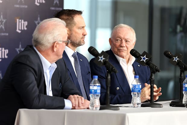 Dallas Cowboys CEO Stephen Jones, head coach Brian Schottenheimer, and owner Jerry Jones speak to the media