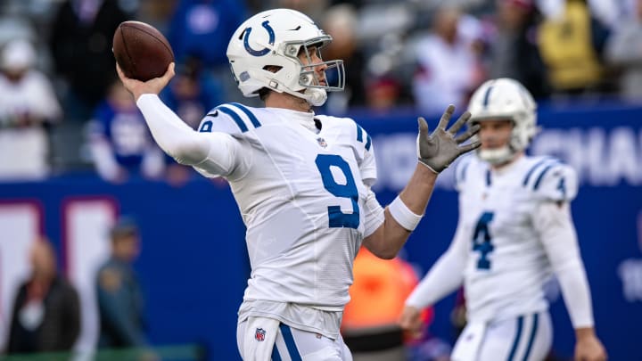 Jan 1, 2023; East Rutherford, New Jersey, USA; Indianapolis Colts quarterback Nick Foles (9) warms up before the game against the New York Giants at MetLife Stadium. Mandatory Credit: John Jones-USA TODAY Sports