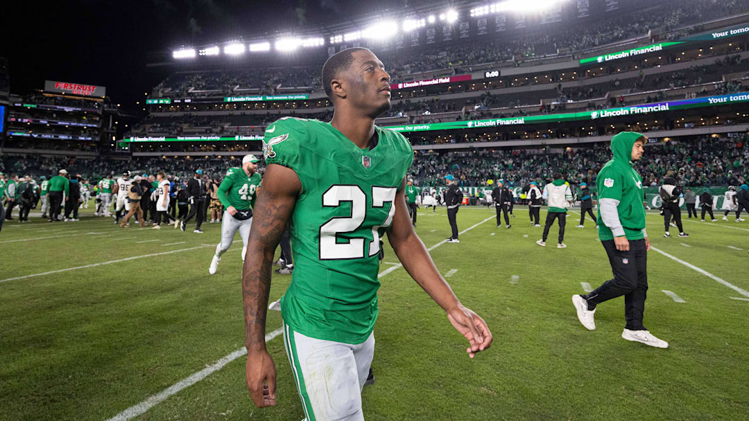 Nov 3, 2024; Philadelphia, Pennsylvania, USA; Philadelphia Eagles cornerback Quinyon Mitchell (27) walks off the field after a victory against the Jacksonville Jaguars at Lincoln Financial Field. Mandatory Credit: Bill Streicher-Imagn Images Nov 3, 2024; Philadelphia, Pennsylvania, USA; Philadelphia Eagles cornerback Quinyon Mitchell (27) walks off the field after a victory against the Jacksonville Jaguars at Lincoln Financial Field. Mandatory Credit: Bill Streicher-Imagn Images