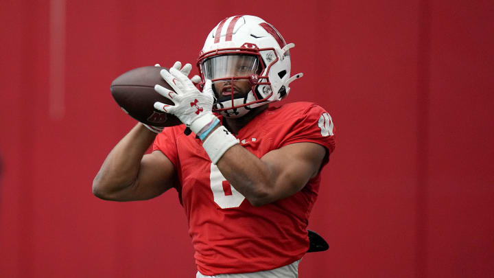 Wisconsin wide receiver Will Pauling (6) during spring football practice Thursday, April 25, 2024 in Madison, Wisconsin. The Wisconsin Badgers football team plays their season opener against Western Michigan on August 31.