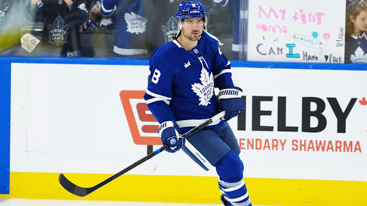 Oct 18, 2025; Toronto, Ontario, CAN; Toronto Maple Leafs defenseman Chris Tanev (8) skates during the warmup before a game against the Seattle Kraken at Scotiabank Arena. Mandatory Credit: Nick Turchiaro-Imagn Images