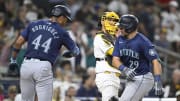 Jun 9, 2024; San Diego, California, USA; Seattle Mariners catcher Cal Raleigh (29) is congratulated by Julio Rodriguez (44) after hitting a two-run home run during the seventh inning against the San Diego Padres at Petco Park. Mandatory Credit: Denis Poroy-USA TODAY Sports at Petco Park. 