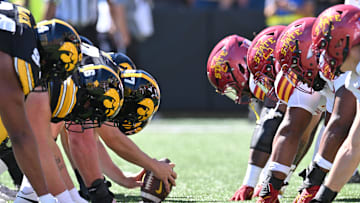 Sep 7, 2024; Iowa City, Iowa, USA; The line of scrimmage between the Iowa Hawkeyes and the Iowa State Cyclones during the first quarter at Kinnick Stadium. Mandatory Credit: Jeffrey Becker-Imagn Images