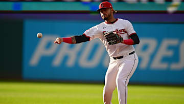 Apr 21, 2025; Cleveland, Ohio, USA; Cleveland Guardians second baseman Gabriel Arias (13) throws to first for an out during the third inning against the New York Yankees at Progressive Field. Mandatory Credit: David Dermer-Imagn Images