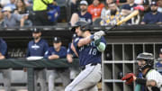Seattle Mariners designated hitter Mitch Garver (18) hits an RBI double against the Chicago White Sox during the first inning at Guaranteed Rate Field on July 26.