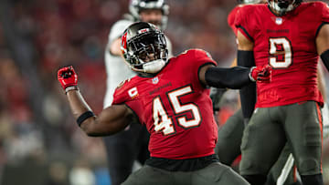 Dec 24, 2023; Tampa, Florida, USA; Tampa Bay Buccaneers linebacker Devin White (45) celebrates a sack against the Jacksonville Jaguars at Raymond James Stadium. Mandatory Credit: Jeremy Reper-Imagn Images