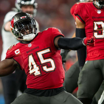 Dec 24, 2023; Tampa, Florida, USA; Tampa Bay Buccaneers linebacker Devin White (45) celebrates a sack against the Jacksonville Jaguars at Raymond James Stadium: Jeremy Reper-USA TODAY Sports