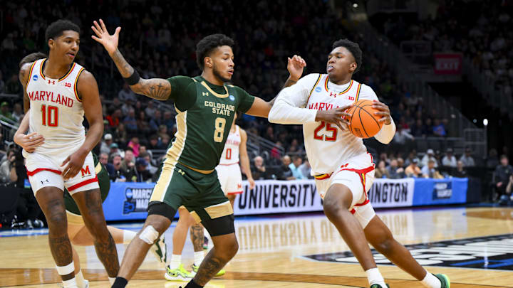 Mar 23, 2025; Seattle, WA, USA; Maryland Terrapins center Derik Queen (25) drives to the basket against Colorado State Rams forward Jaylen Crocker-Johnson (8) in the first half at Climate Pledge Arena. Mandatory Credit: Steven Bisig-Imagn Images Mar 23, 2025; Seattle, WA, USA; Maryland Terrapins center Derik Queen (25) drives to the basket against Colorado State Rams forward Jaylen Crocker-Johnson (8) in the first half at Climate Pledge Arena. Mandatory Credit: Steven Bisig-Imagn Images