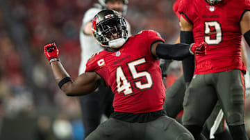Dec 24, 2023; Tampa, Florida, USA; Tampa Bay Buccaneers linebacker Devin White (45) celebrates a sack against the Jacksonville Jaguars at Raymond James Stadium. Mandatory Credit: Jeremy Reper-Imagn Images