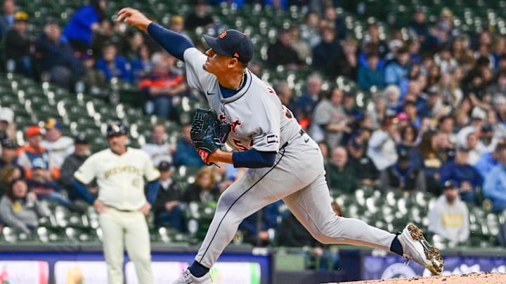 Apr 16, 2025; Milwaukee, Wisconsin, USA;  Detroit Tigers starting pitcher Keider Montero (54) throws a pitch in the first inning against the Milwaukee Brewers at American Family Field. 