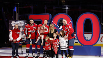 John Carlson, Alex Ovechkin, Tom Wilson, Ted Leonsis, Washington Capitals Mandatory Credit: Amber Searls-Imagn Images