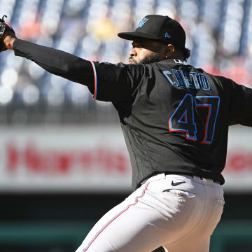 Sep 2, 2023; Washington, District of Columbia, USA; Miami Marlins starting pitcher Johnny Cueto (47) throws to the Washington Nationals during the first inning at Nationals Park. Mandatory Credit: Brad Mills-USA TODAY Sports