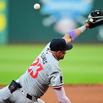 Sep 16, 2024; Cleveland, Ohio, USA; Minnesota Twins third baseman Royce Lewis (23) misses a ball hit by Cleveland Guardians left fielder Angel Martinez (not pictured) during the first inning at Progressive Field. Mandatory Credit: Ken Blaze-Imagn Images