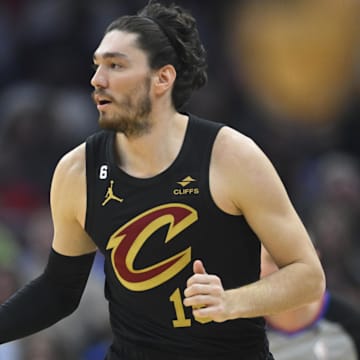 Mar 15, 2023; Cleveland, Ohio, USA; Cleveland Cavaliers forward Cedi Osman (16) brings the ball up court in the second quarter against the Philadelphia 76ers at Rocket Mortgage FieldHouse. Mandatory Credit: David Richard-Imagn Images