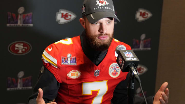 Feb 8, 2024; Las Vegas, NV, USA; Kansas City Chiefs placekicker Harrison Butker (7) during a press conference before Super Bowl LVIII at Westin Lake Las Vegas Resort and Spa. Mandatory Credit: Kyle Terada-USA TODAY Sports