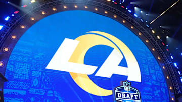 Apr 25, 2024; Detroit, MI, USA; A Los Angeles Rams logo at the 2024 NFL Draft at Campus Martius Park and Hart Plaza. Mandatory Credit: Kirby Lee-Imagn Images