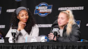 LSU Lady Tigers forward Reese and guard Van Lith take questions from the media during the 2024 NCAA tournament.