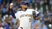 Apr 5, 2025; Milwaukee, Wisconsin, USA;  Milwaukee Brewers pitcher Elvin Rodriguez (35) throws a pitch during the first inning against the Cincinnati Reds at American Family Field. Mandatory Credit: Jeff Hanisch-Imagn Images