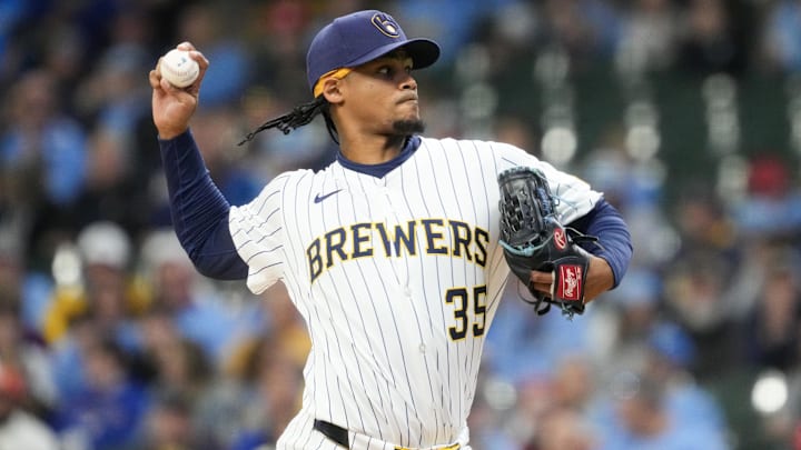 Apr 5, 2025; Milwaukee, Wisconsin, USA;  Milwaukee Brewers pitcher Elvin Rodriguez (35) throws a pitch during the first inning against the Cincinnati Reds at American Family Field. Mandatory Credit: Jeff Hanisch-Imagn Images