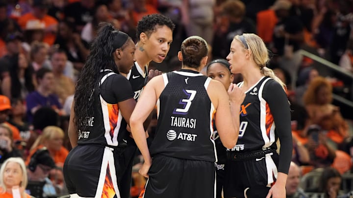May 21, 2023; Phoenix, Arizona, USA; Phoenix Mercury guard Diana Taurasi (3) talks to her teammates in the second half against the Chicago Sky at Footprint Center. Mandatory Credit: Rick Scuteri-Imagn Images