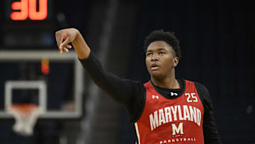 Mar 26, 2025; San Francisco, CA, USA; Maryland Terrapins center Derik Queen (25) shoots the basketball during NCAA Tournament West Regional Practice at Chase Center. Mandatory Credit: Eakin Howard-Imagn Images