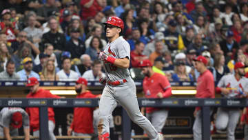 Sep 26, 2023; Milwaukee, Wisconsin, USA; St. Louis Cardinals shortstop Tommy Edman (19) rounds the bases after hitting a home run against the Milwaukee Brewers in the fifth inning at American Family Field. Mandatory Credit: Michael McLoone-USA TODAY Sports