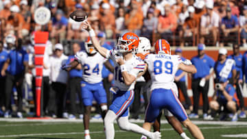Nov 9, 2024; Austin, Texas, USA; Florida Gators quarterback Aidan Warner (16) passes the ball during the second half against the Texas Longhorns at Darrell K Royal-Texas Memorial Stadium. Mandatory Credit: Scott Wachter-Imagn Images