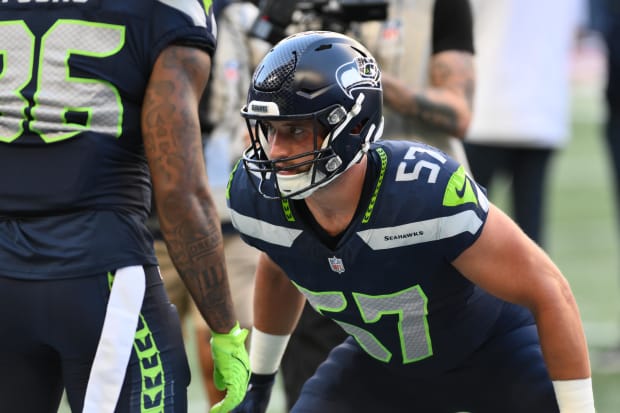 Seattle Seahawks linebacker Patrick O'Connell (57) during warmups prior to the game at Lumen Field.