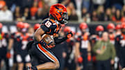 Nov 8, 2025; Corvallis, Oregon, USA; Oregon State Beavers wide receiver Ellijah Washington (15) returns the second half kickoff against the Sam Houston Bearkats at Reser Stadium. Mandatory Credit: Craig Strobeck-Imagn Images