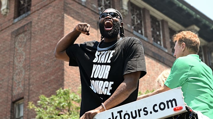 Boston Celtics guard Jaylen Brown during the 2024 NBA Championship parade in Boston. Boston Celtics guard Jaylen Brown during the 2024 NBA Championship parade in Boston.