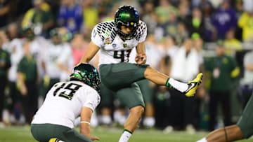 Jan. 3, 2013; Glendale, AZ, USA: Oregon Ducks kicker Alejandro Maldonado (41) against the Kansas State Wildcats during the 2013 Fiesta Bowl at University of Phoenix Stadium. Oregon defeated Kansas State 35-17. Mandatory Credit: Mark J. Rebilas-Imagn Images