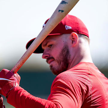 Cincinnati Reds infielder Gavin Lux (2) practices his swing before heading up to the plate to bat during spring training, Friday, Feb. 21, 2025, at the Cincinnati Reds Player Development Complex in Goodyear, Ariz.