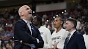 Mar 21, 2025; Raleigh, NC, USA;  Connecticut Huskies head coach Dan Hurley reacts during the second half against Oklahoma Sooners at Lenovo Center. Mandatory Credit: Bob Donnan-Imagn Images
