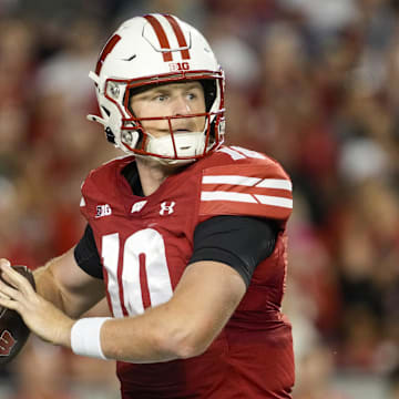 Aug 30, 2024; Madison, Wisconsin, USA;  Wisconsin Badgers quarterback Tyler Van Dyke (10) during the game against the Western Michigan Broncos at Camp Randall Stadium. Mandatory Credit: Jeff Hanisch-USA TODAY Sports