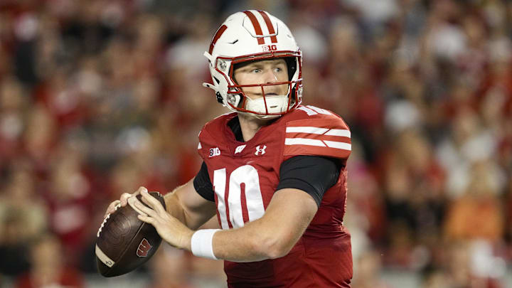 Aug 30, 2024; Madison, Wisconsin, USA;  Wisconsin Badgers quarterback Tyler Van Dyke (10) during the game against the Western Michigan Broncos at Camp Randall Stadium. Mandatory Credit: Jeff Hanisch-USA TODAY Sports