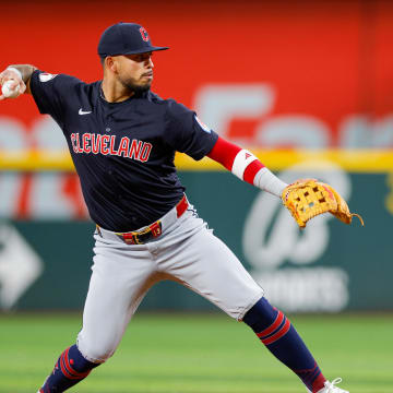 May 15, 2024; Arlington, Texas, USA; Cleveland Guardians third base Gabriel Arias (13) fields a ground ball during the first inning against the Texas Rangers at Globe Life Field. Mandatory Credit: Andrew Dieb-USA TODAY Sports