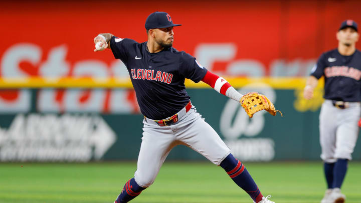 May 15, 2024; Arlington, Texas, USA; Cleveland Guardians third base Gabriel Arias (13) fields a ground ball during the first inning against the Texas Rangers at Globe Life Field. Mandatory Credit: Andrew Dieb-USA TODAY Sports