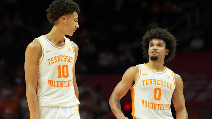 Tennessee forward Nate Ament (10) and guard Ja’Kobi Gillespie (0) during the NCAA college basketball game against Oklahoma on Feb. 18, 2026, in Knoxville, Tennessee.