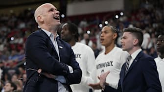 Mar 21, 2025; Raleigh, NC, USA;  Connecticut Huskies head coach Dan Hurley reacts during the second half against Oklahoma Sooners at Lenovo Center. Mandatory Credit: Bob Donnan-Imagn Images