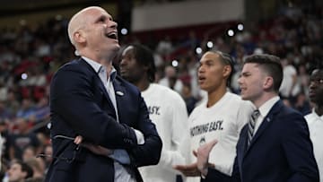 Mar 21, 2025; Raleigh, NC, USA;  Connecticut Huskies head coach Dan Hurley reacts during the second half against Oklahoma Sooners at Lenovo Center. Mandatory Credit: Bob Donnan-Imagn Images