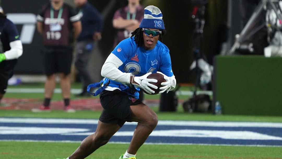 Feb 2, 2025; Orlando, FL, USA; NFC running back Jahmyr Gibbs of the Detroit Lions (26) carries the ball during the 2025 Pro Bowl Games at Camping World Stadium. Mandatory Credit: Kirby Lee-Imagn Images