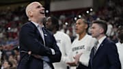 Mar 21, 2025; Raleigh, NC, USA;  Connecticut Huskies head coach Dan Hurley reacts during the second half against Oklahoma Sooners at Lenovo Center. Mandatory Credit: Bob Donnan-Imagn Images