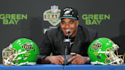 Apr 24, 2025; Green Bay, WI, USA; Jihaad Campbell speaks in a press conference after being selected by the Philadelphia Eagles as the number 31 pick in the first round of the 2025 NFL Draft at Lambeau Field. Mandatory Credit: Kirby Lee-Imagn Images