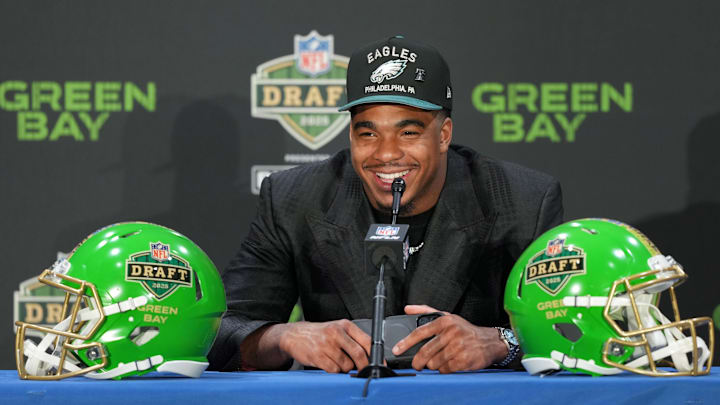 Apr 24, 2025; Green Bay, WI, USA; Jihaad Campbell speaks in a press conference after being selected by the Philadelphia Eagles as the number 31 pick in the first round of the 2025 NFL Draft at Lambeau Field. Mandatory Credit: Kirby Lee-Imagn Images Apr 24, 2025; Green Bay, WI, USA; Jihaad Campbell speaks in a press conference after being selected by the Philadelphia Eagles as the number 31 pick in the first round of the 2025 NFL Draft at Lambeau Field. Mandatory Credit: Kirby Lee-Imagn Images