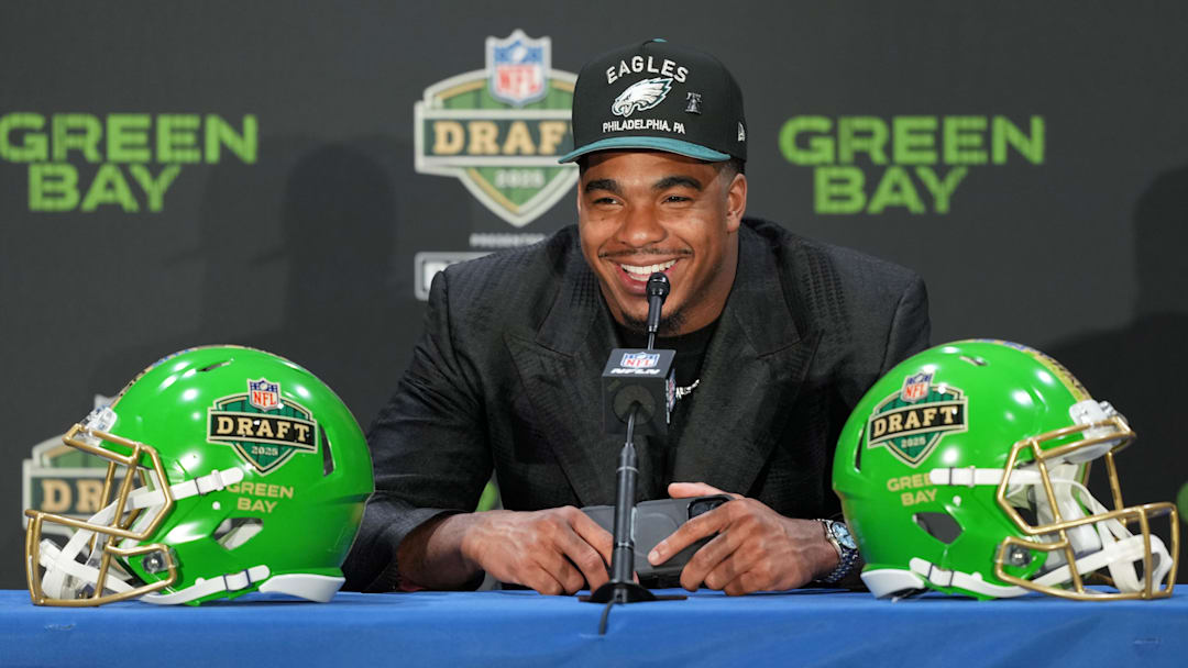 Apr 24, 2025; Green Bay, WI, USA; Jihaad Campbell speaks in a press conference after being selected by the Philadelphia Eagles as the number 31 pick in the first round of the 2025 NFL Draft at Lambeau Field. Mandatory Credit: Kirby Lee-Imagn Images