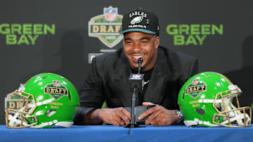 Apr 24, 2025; Green Bay, WI, USA; Jihaad Campbell speaks in a press conference after being selected by the Philadelphia Eagles as the number 31 pick in the first round of the 2025 NFL Draft at Lambeau Field. Mandatory Credit: Kirby Lee-Imagn Images