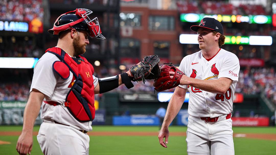 May 31, 2026; St. Louis, Missouri, USA; St. Louis Cardinals pitcher Hunter Dobbins (40) celebrates with catcher Pedro Pagés (43) after the sixth inning against the Chicago Cubs at Busch Stadium. Mandatory Credit: Jeff Curry-Imagn Images
