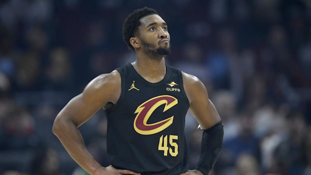 Dec 14, 2025; Cleveland, Ohio, USA; Cleveland Cavaliers guard Donovan Mitchell (45) stands on the court in the first quarter against the Charlotte Hornets at Rocket Arena. Mandatory Credit: David Richard-Imagn Images